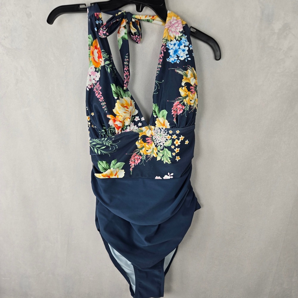 Cupshe Navy Floral Halter One Piece Swimsuit Tummy Contouring Ruched V-Neck‎ NEW